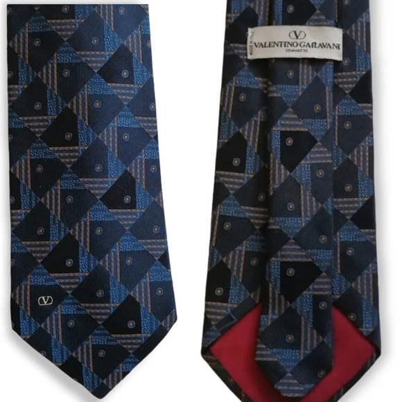 Valentino Garavani "V" Italian 100% Silk Tie with Blue and Orange Textured Print - Picture 14 of 14